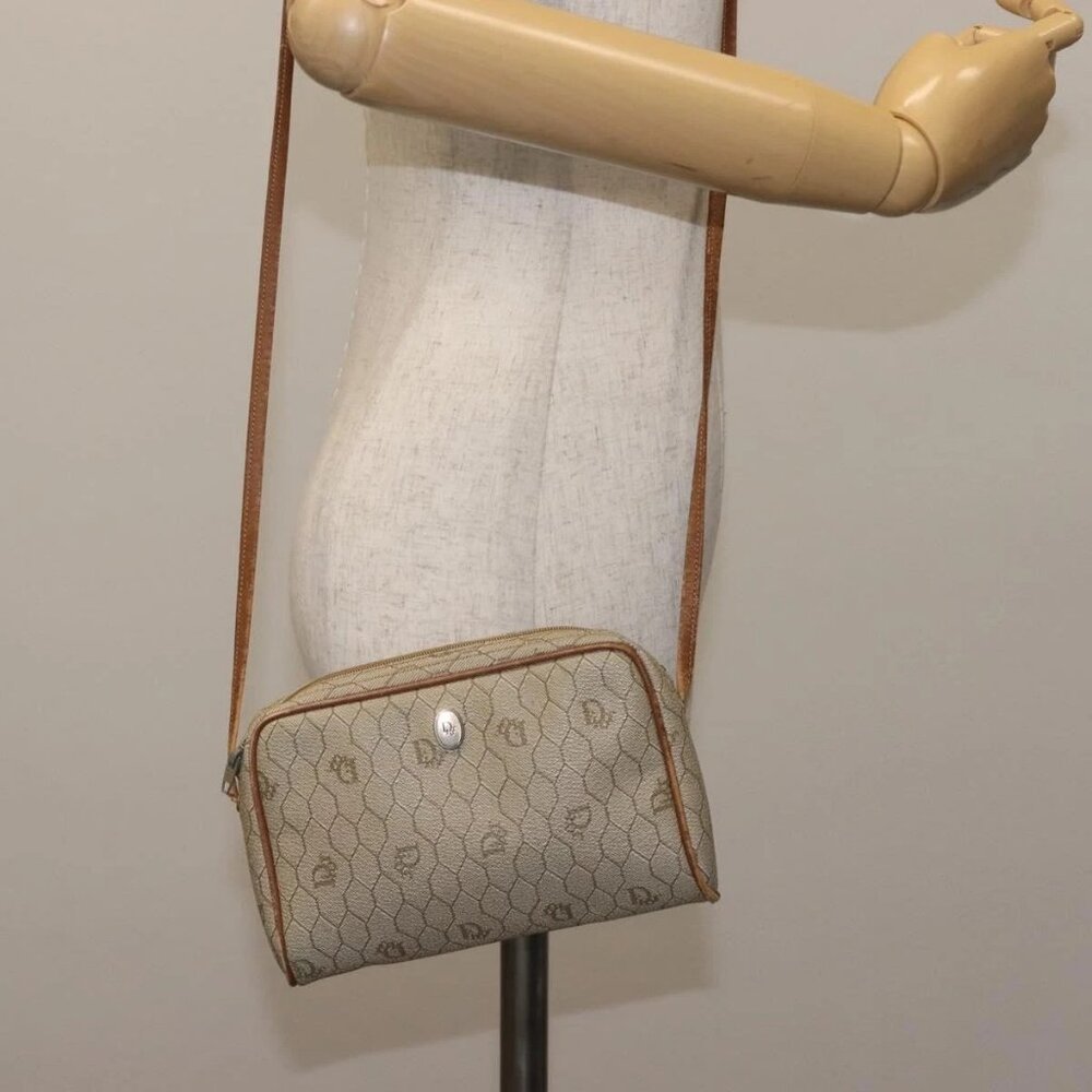 Christian Dior Honeycomb Canvas Shoulder Bag PVC Beige Gold Auth